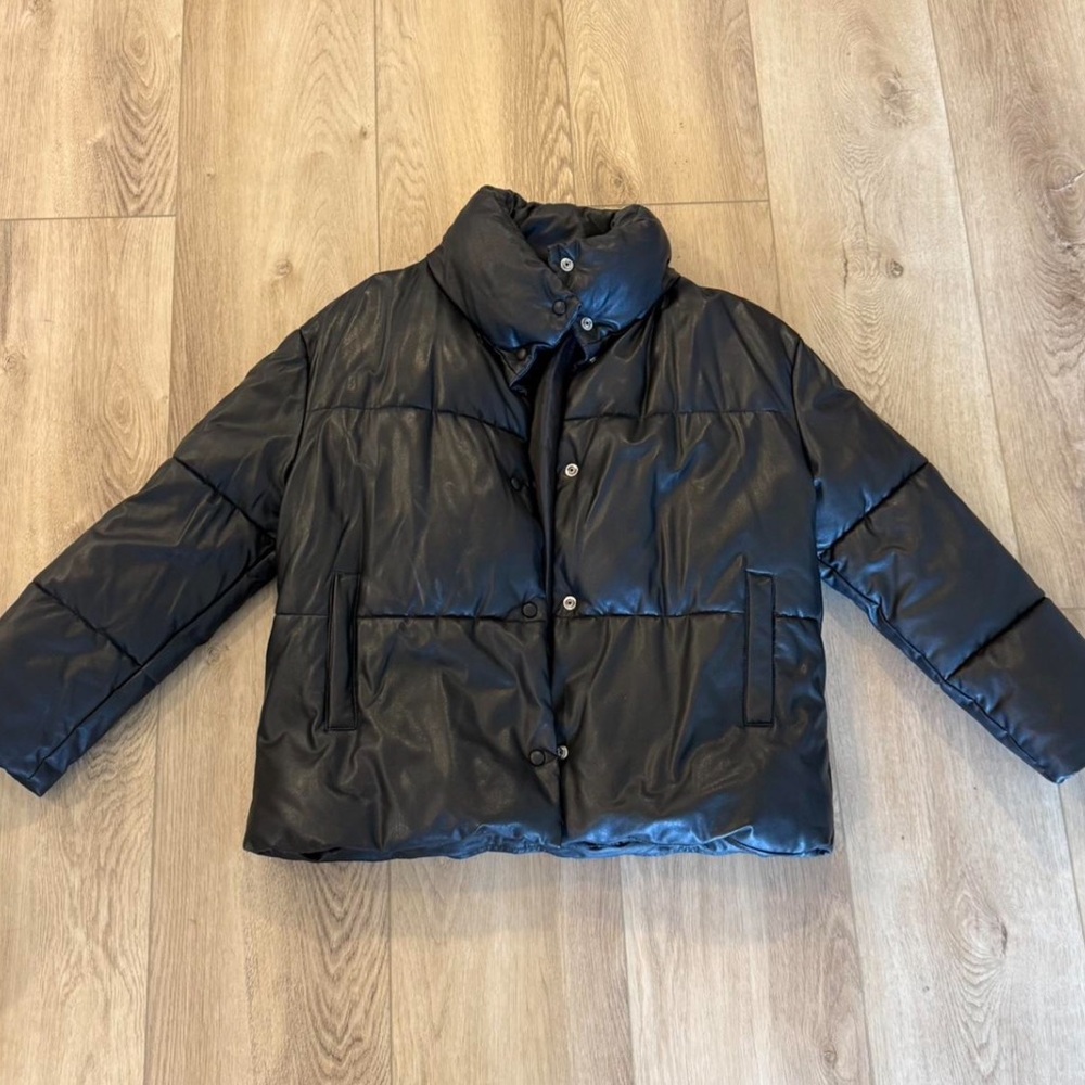 Black faux leather Puffer Jacket oversized fit